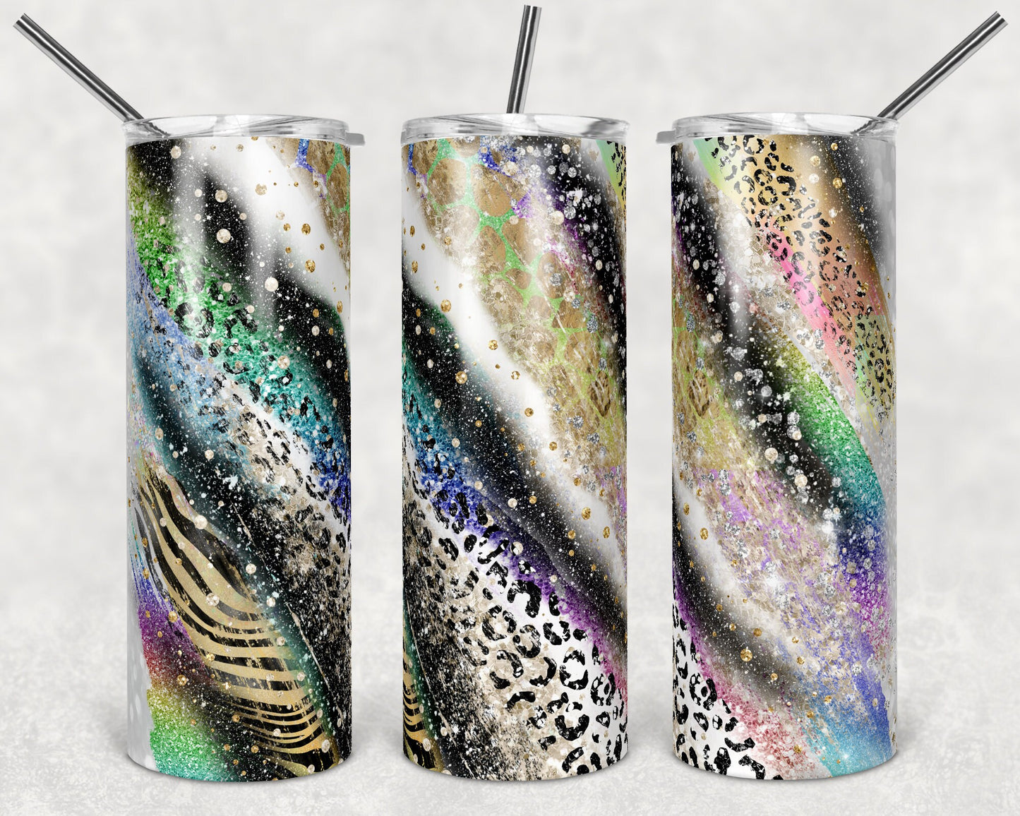 20 oz Skinny Tumbler Sublimation Template Agate Milky Way rainbow Safari Animal Print Straight and Warped Design