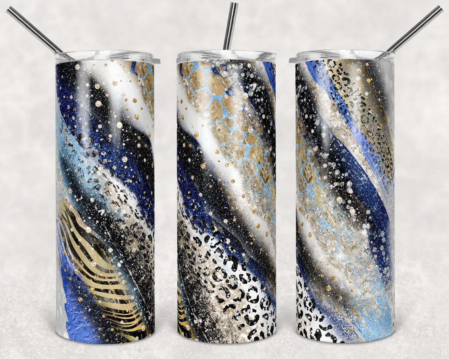 20 oz Skinny Tumbler Sublimation Template Agate Milky Way Blue Safari Animal Print Straight and Warped Design