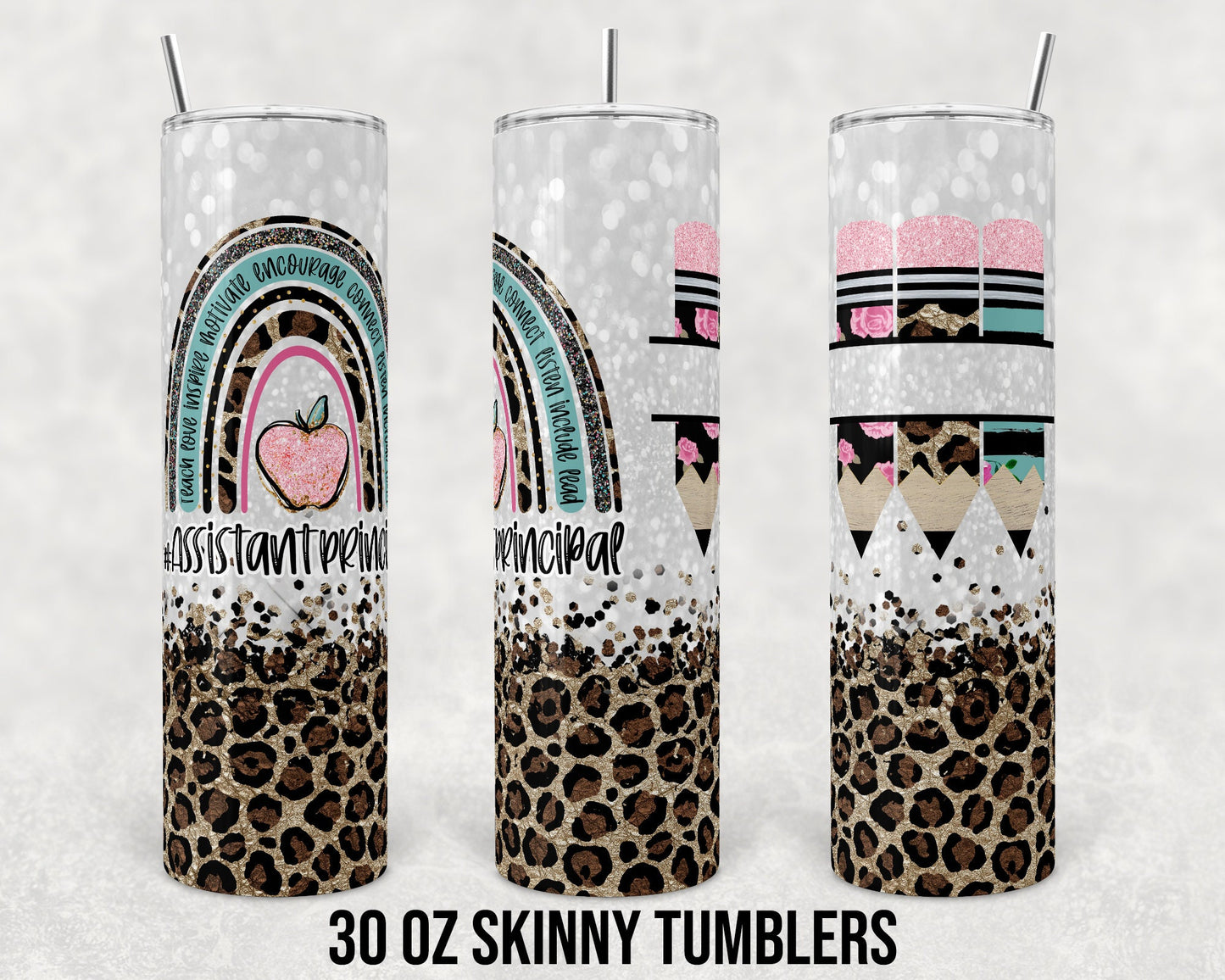 30 oz Skinny Tumbler Sublimation Design Template Assistant Principal Leopard Teacher Quote Motivate Straight