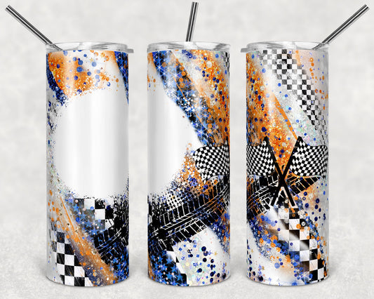 20 oz Skinny Tumbler Sublimation Design Racing Race Milky way Orange Blue with Bleach spot Tumbler