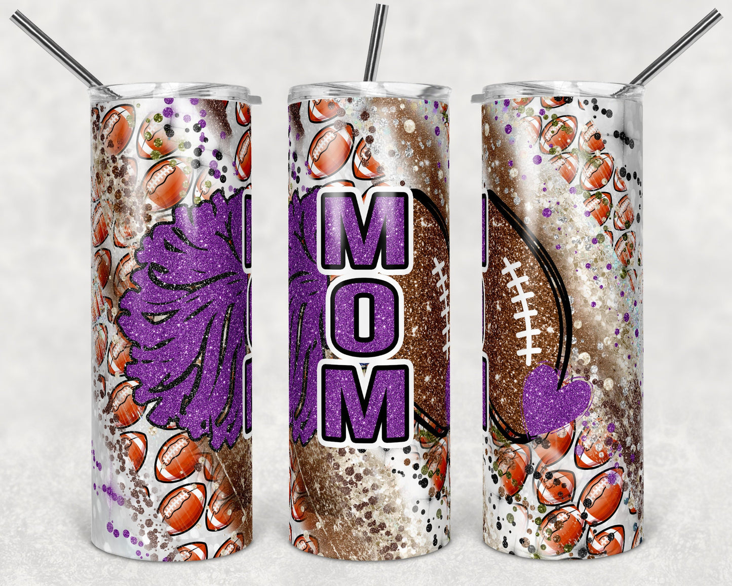 20 oz Skinny Tumbler Sublimation Template Milky Way Glitter Cheer Football Mom Straight Warped Design