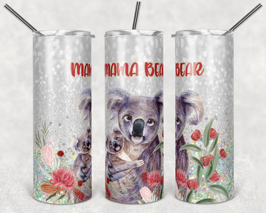 20 oz Skinny Tumbler Sublimation Design Template Glitter Floral Koala mama bear Straight and Warped