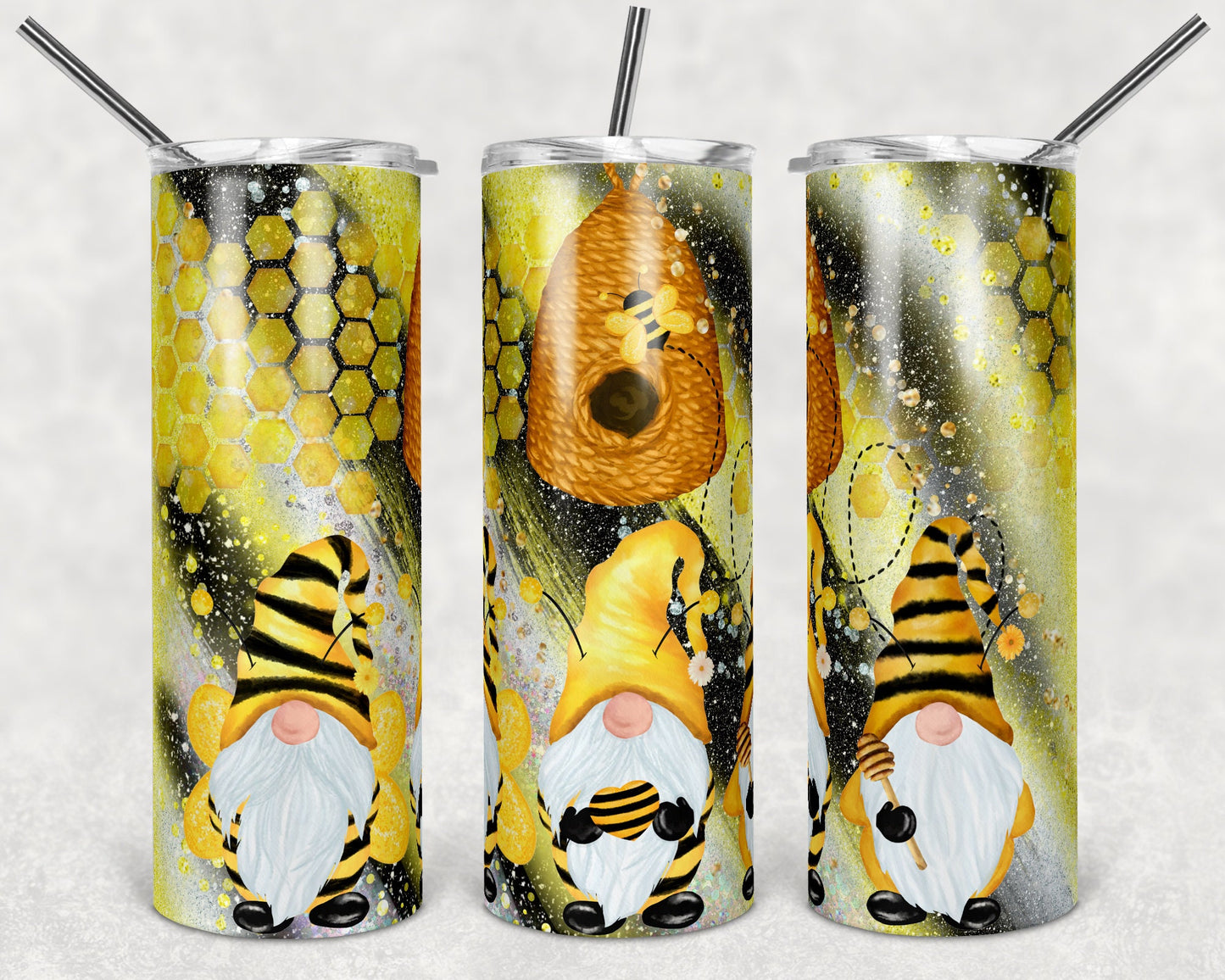 20 oz Skinny Tumbler Sublimation Template Agate Milky Way Glitter Yellow Gnome Honey Bee Straight and Warped Design