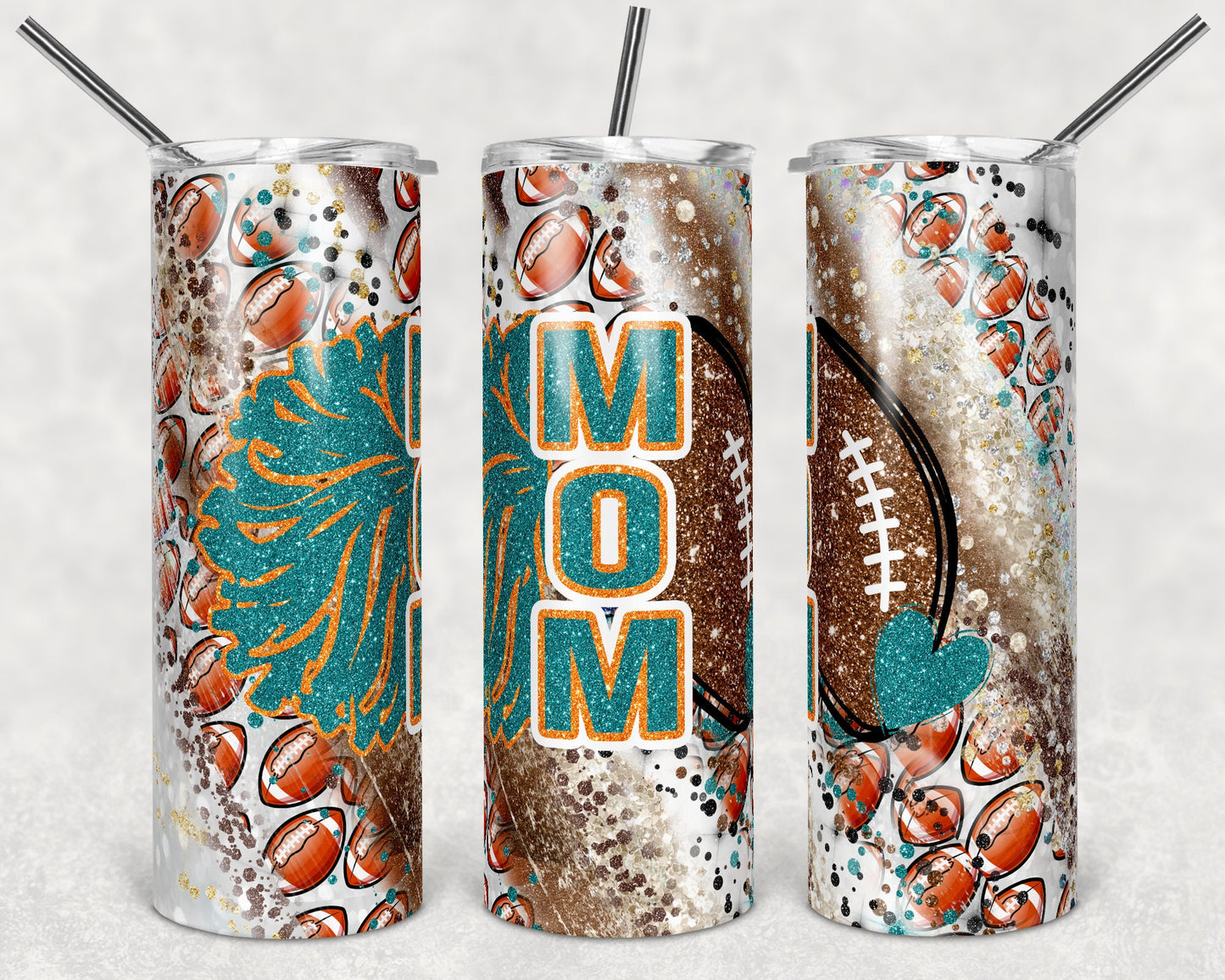 20 oz Skinny Tumbler Sublimation Template Milky Way Glitter Cheer Football Mom Straight Warped Design