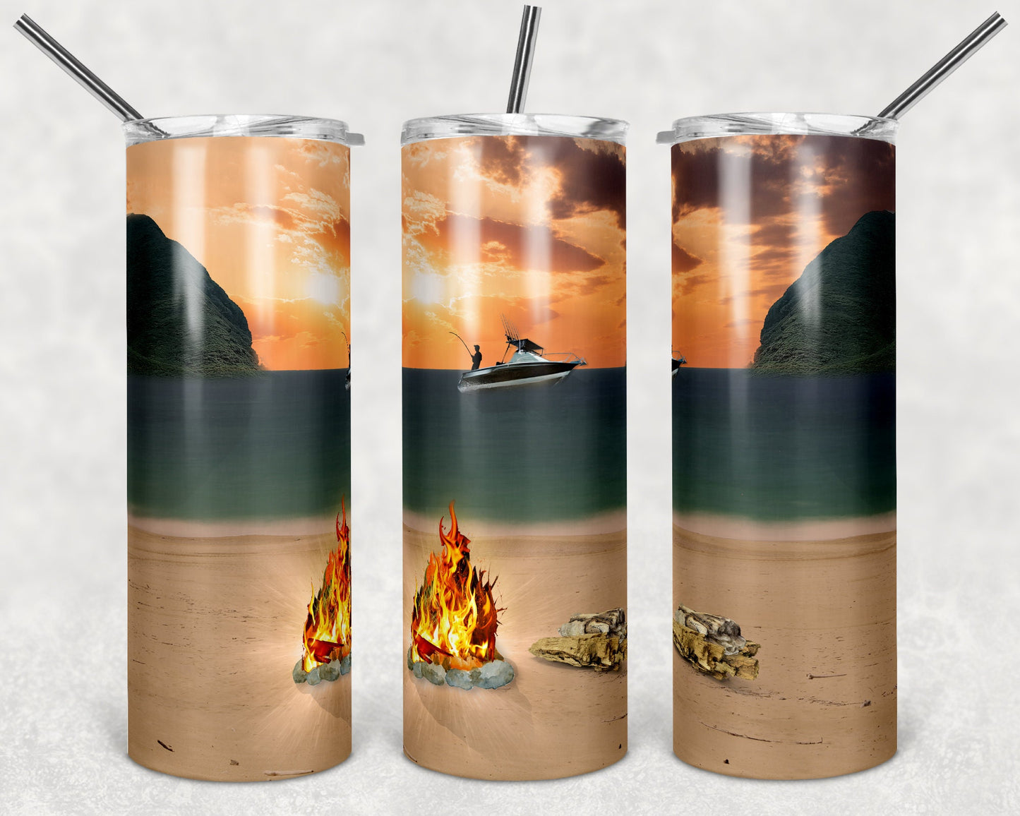 20 oz Skinny Tumbler Fishing Sunset Beach Mountain Ocean Sublimation Design Print Transfer