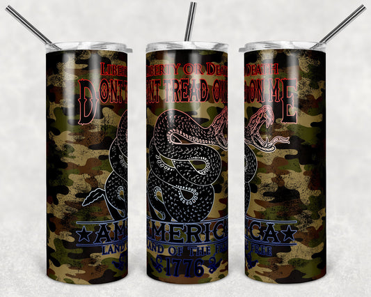 20 oz Skinny Tumbler Sublimation Design Template Don't Tread on Me Camo Red White Blue Design