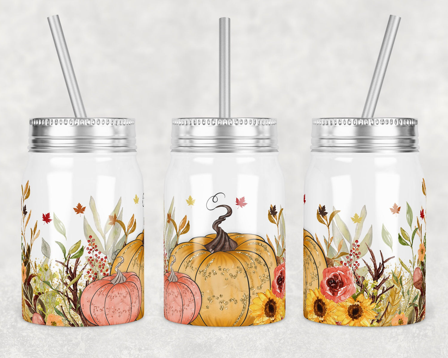 17 oz Mason Jar Tumbler Sublimation Design Template Fall Pumpkins Floral Sunflower Design Instant