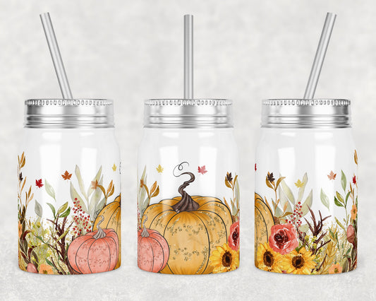 17 oz Mason Jar Tumbler Sublimation Design Template Fall Pumpkins Floral Sunflower Design Instant