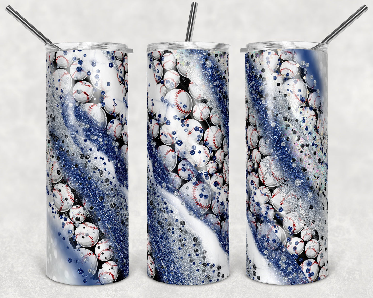 20 oz Skinny Tumbler Sublimation Template Milky Way Glitter Blue Gray Sport Baseball Straight Warped Design tumblers
