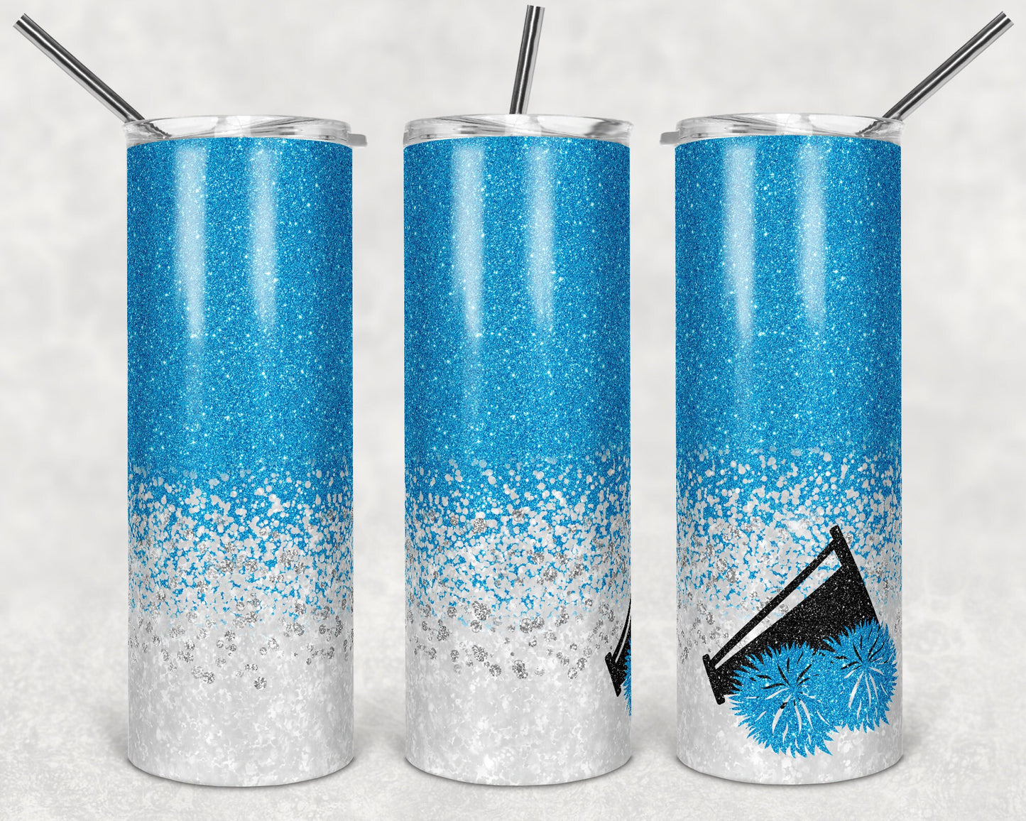20 oz Skinny Tumbler Cheer Blank for Name Glitter Blue white megaphone pom poms Sublimation Design