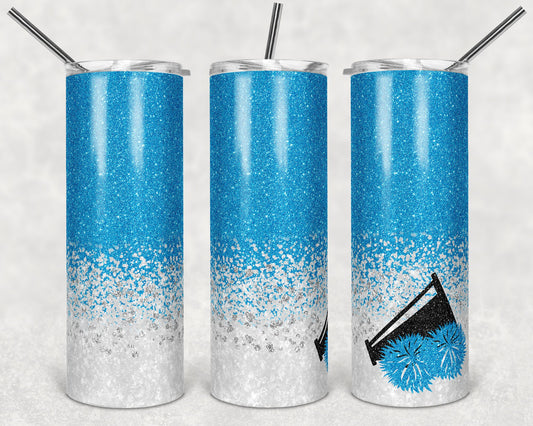 20 oz Skinny Tumbler Cheer Blank for Name Glitter Blue white megaphone pom poms Sublimation Design