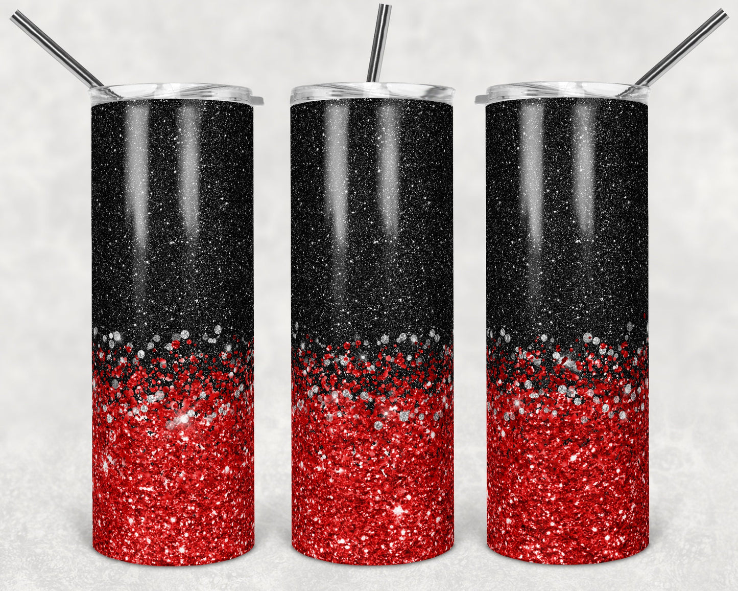 20 oz Skinny Tumbler Sublimation Design Glitter Confetti Red black Straight and Warped Design