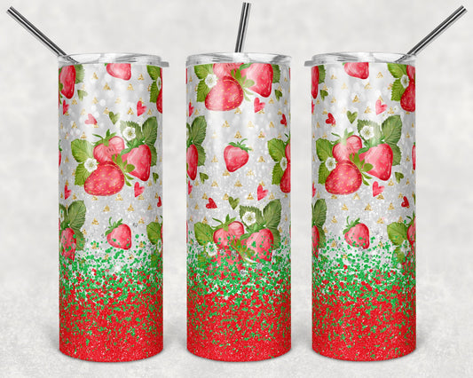 20 oz Skinny Tumbler Strawberry Glitter Lime and Red Sublimation Design