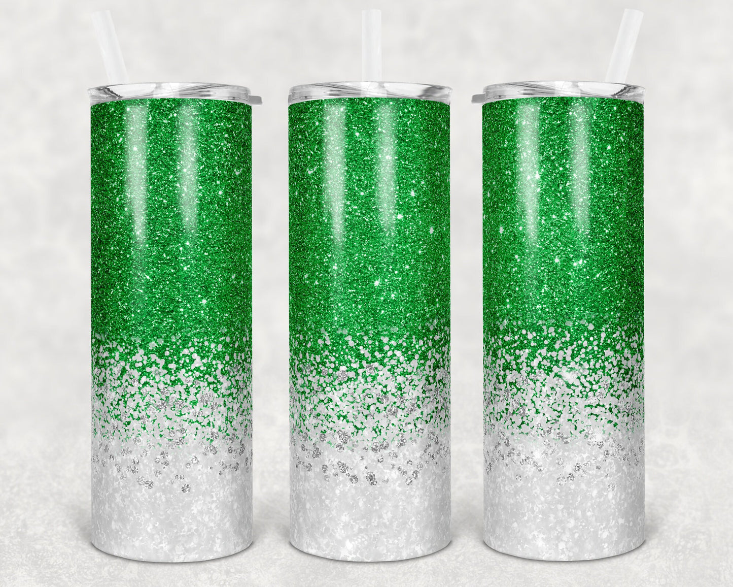20 oz Skinny Tumbler Sublimation Design Template Faux Glitter Green White Straight Warped Design