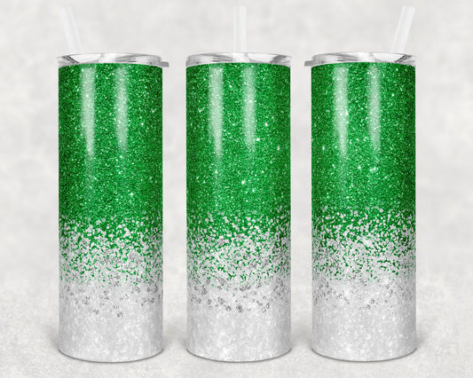 20 oz Skinny Tumbler Sublimation Design Template Faux Glitter Green White Straight Warped Design