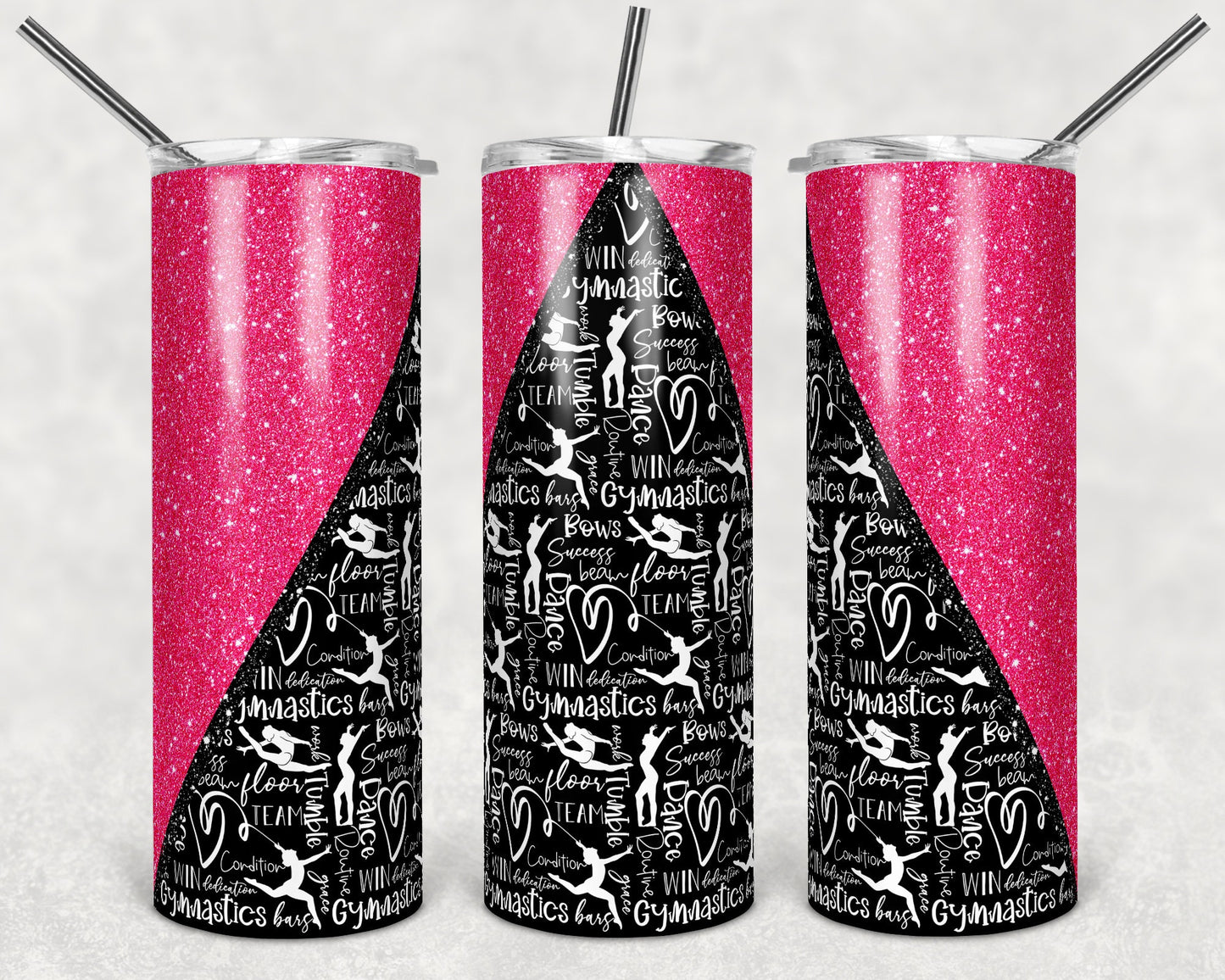 20 oz Skinny Tumbler Sublimation Design Template Gymnastics Glitter V Pink Straight and Warped Design