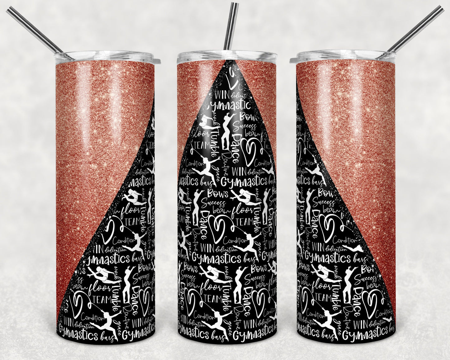 20 oz Skinny Tumbler Sublimation Design Template Gymnastics Glitter V Rose Gold Straight Design