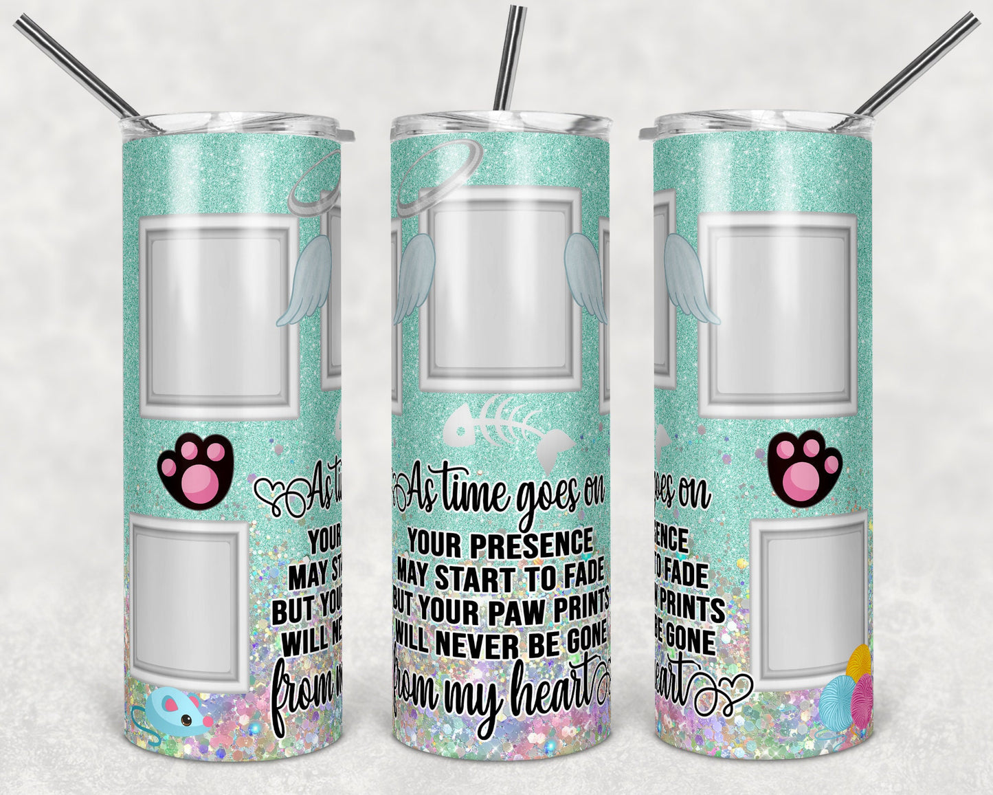 20 oz Skinny Tumbler Cat Memorial Picture Frame Mint Holographic Faux Glitter Tumbler photos Sublimation Design