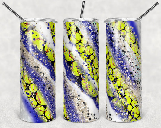 20 oz Skinny Tumbler Sublimation Template Milky Way Glitter Spo Softball blue gold Straight Warped Design