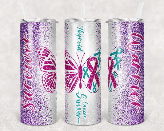 20 oz Skinny Tumbler Sublimation Glitter Thyroid Cancer Warrior Survivor Teal Pink Straight Warped Design