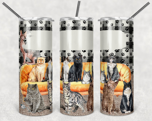 20 oz Skinny Tumbler Sublimation Many Cats Burlap Cat Lots of Cats Cat Lady Blank Personalization Template Straight