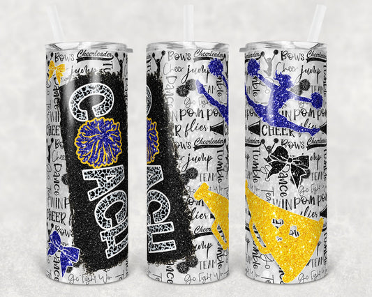 20 oz Skinny Tumbler Cheer Coach Blue Gold Glitter Leopard and Black Sublimation Design