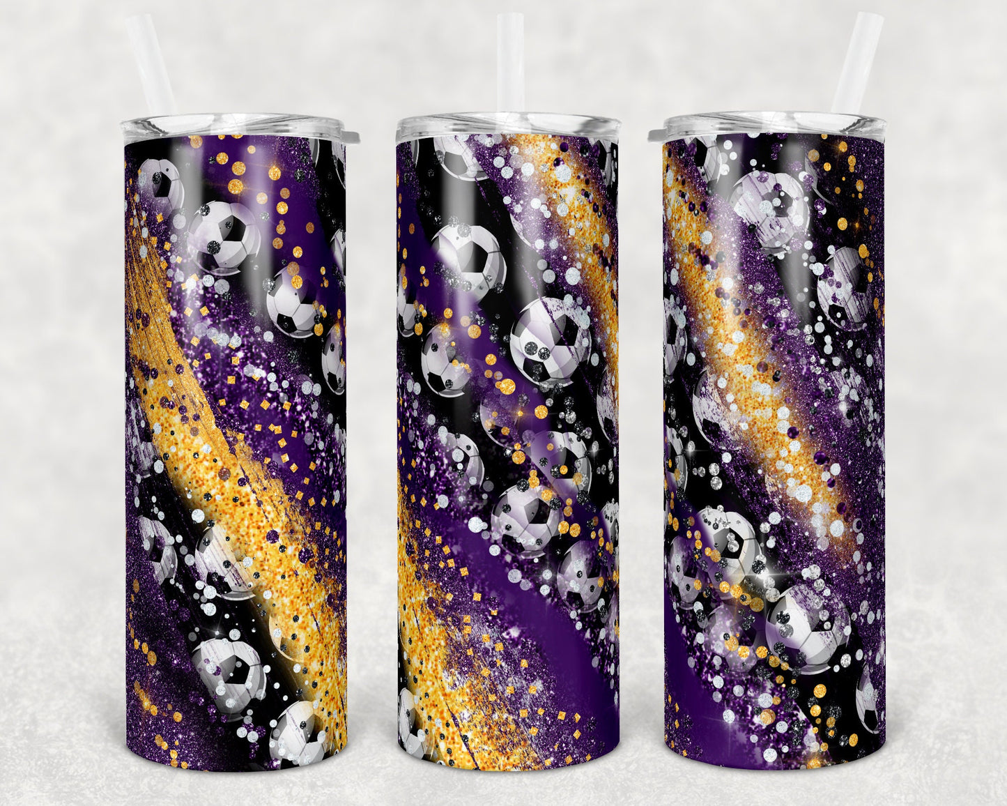20 oz Skinny Tumbler Sublimation Template Milky Way Soccer Purple Gold Straight Warped Design