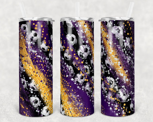 20 oz Skinny Tumbler Sublimation Template Milky Way Soccer Purple Gold Straight Warped Design