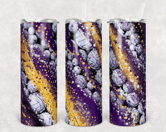 20 oz Skinny Tumbler Sublimation Template Milky Way Volleyball Purple Gold Straight Warped Design