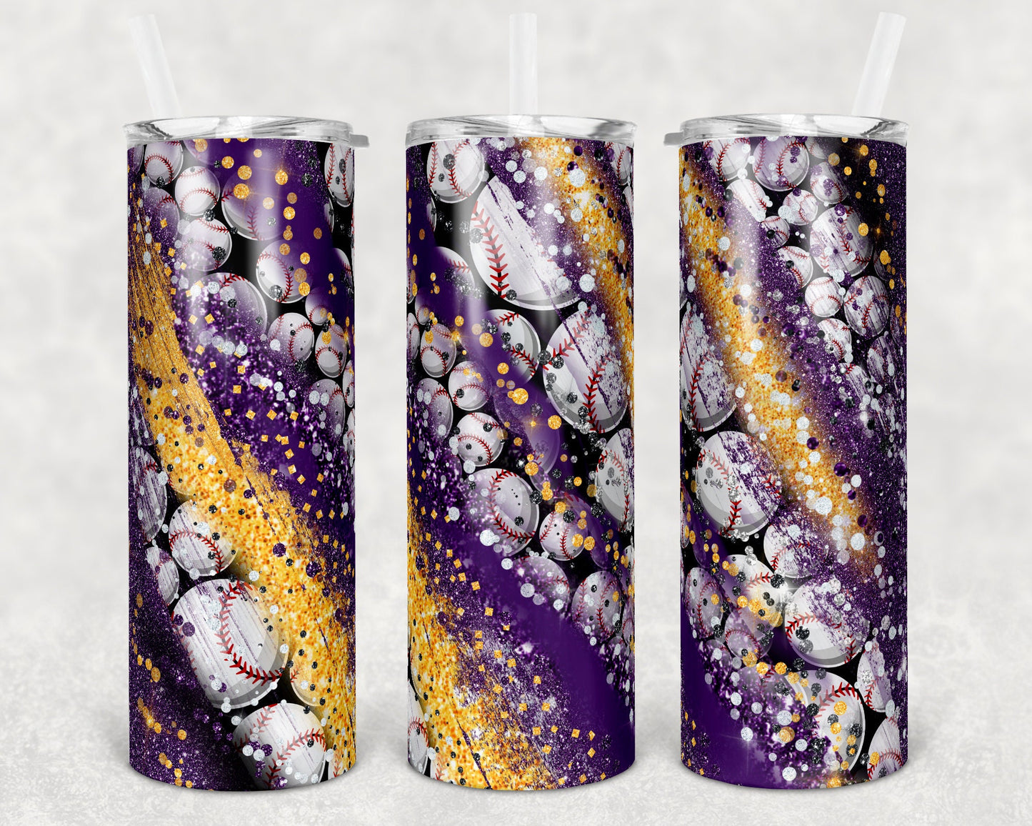 20 oz Skinny Tumbler Sublimation Template Milky Way Baseball Purple Gold Straight Warped Design