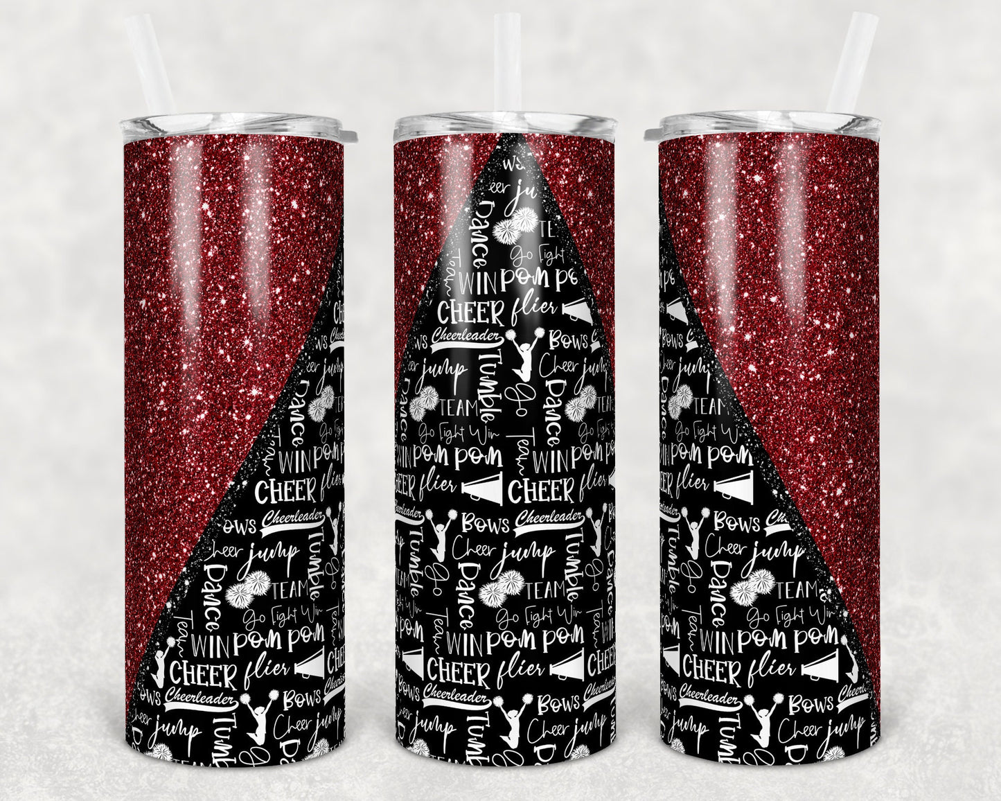 20 oz Skinny Tumbler Cheer Dark Red Maroon Glitter Cheer Cheerleading Sublimation Design