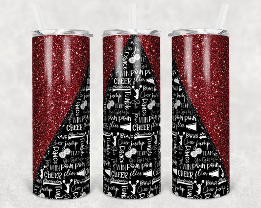 20 oz Skinny Tumbler Cheer Dark Red Maroon Glitter Cheer Cheerleading Sublimation Design