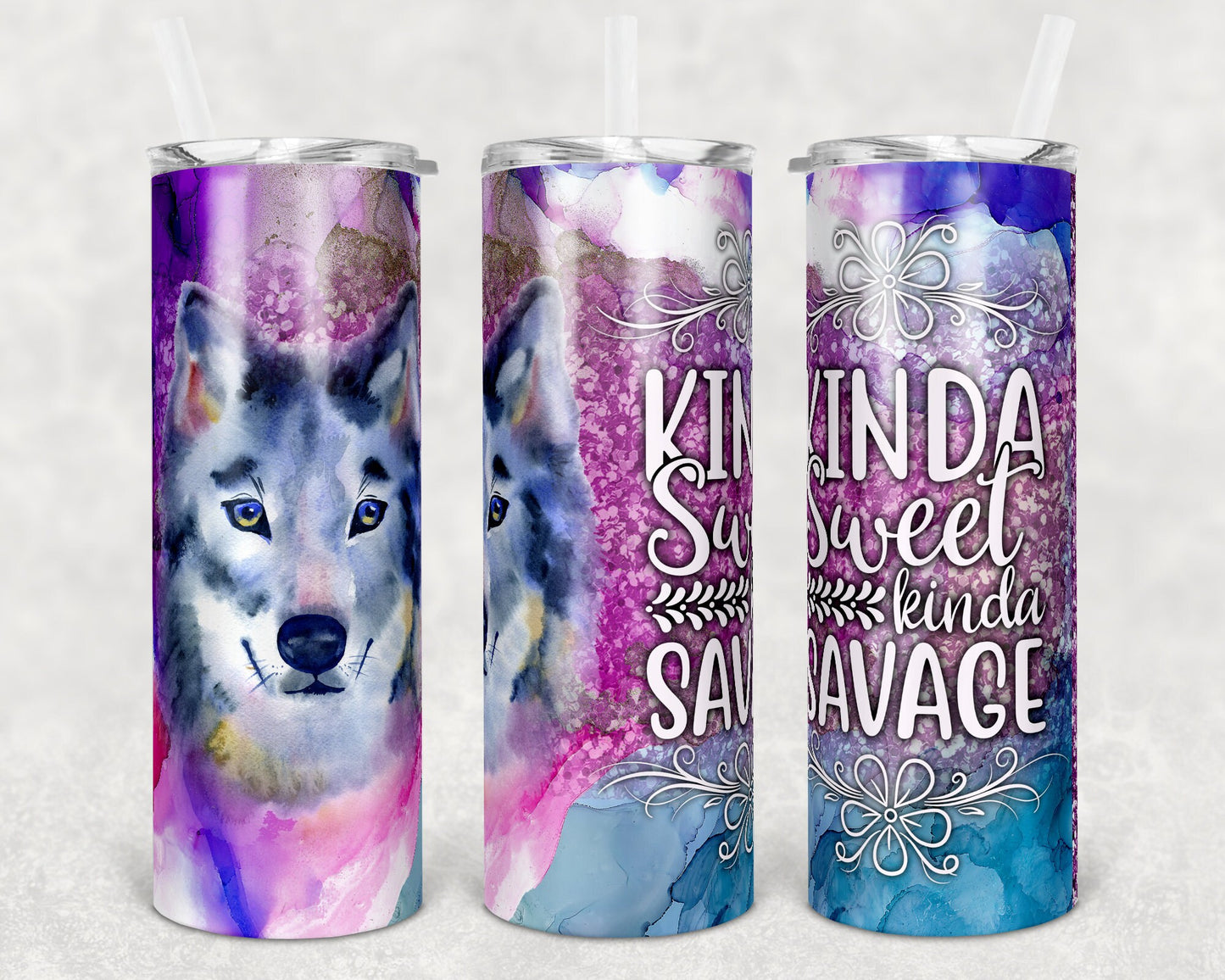 20 oz Skinny Tumbler Sublimation Faux Alcohol Ink Sweet Kinda Savage Wolf Straight and Warped Design