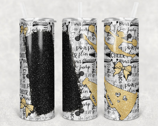 20 oz Skinny Tumbler Cheer Blank for Name Glitter Gold Black Sublimation Design