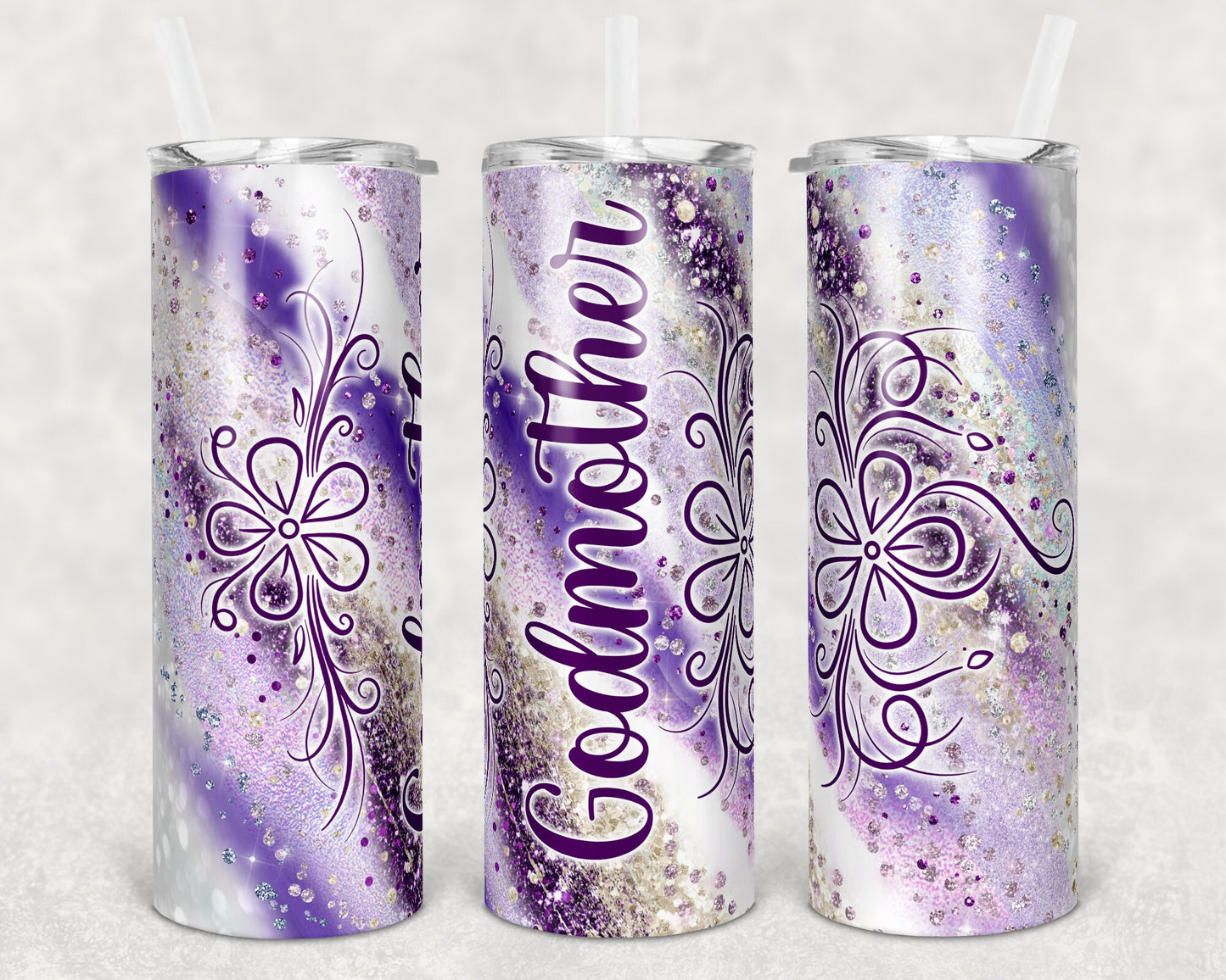 20 oz Skinny Tumbler Sublimation Godmother purple milky way Tumbler Design