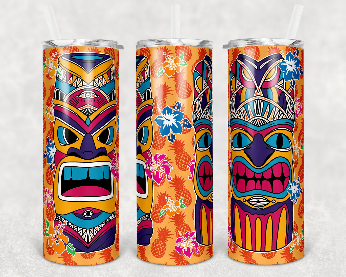 20 oz Skinny Tumbler Sublimation Design Template Hawaiian Tiki and Flowers Tiki Luau