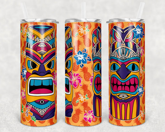 20 oz Skinny Tumbler Sublimation Design Template Hawaiian Tiki and Flowers Tiki Luau