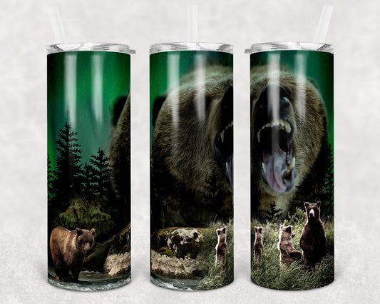 20 oz Skinny Tumbler Sublimation Design Northern Lights Night Sky Bear Nature Scene Silhouette