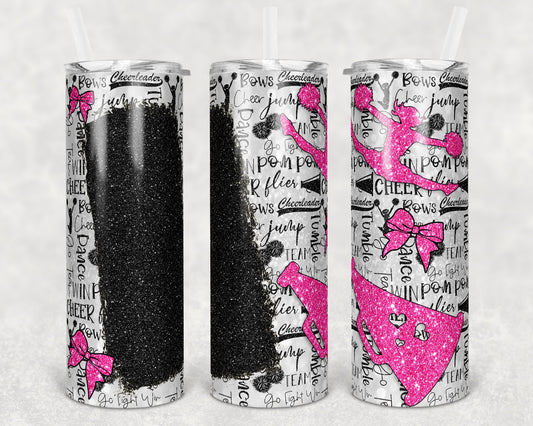 20 oz Skinny Tumbler Cheer Blank for Name Glitter Pink Black Sublimation Design