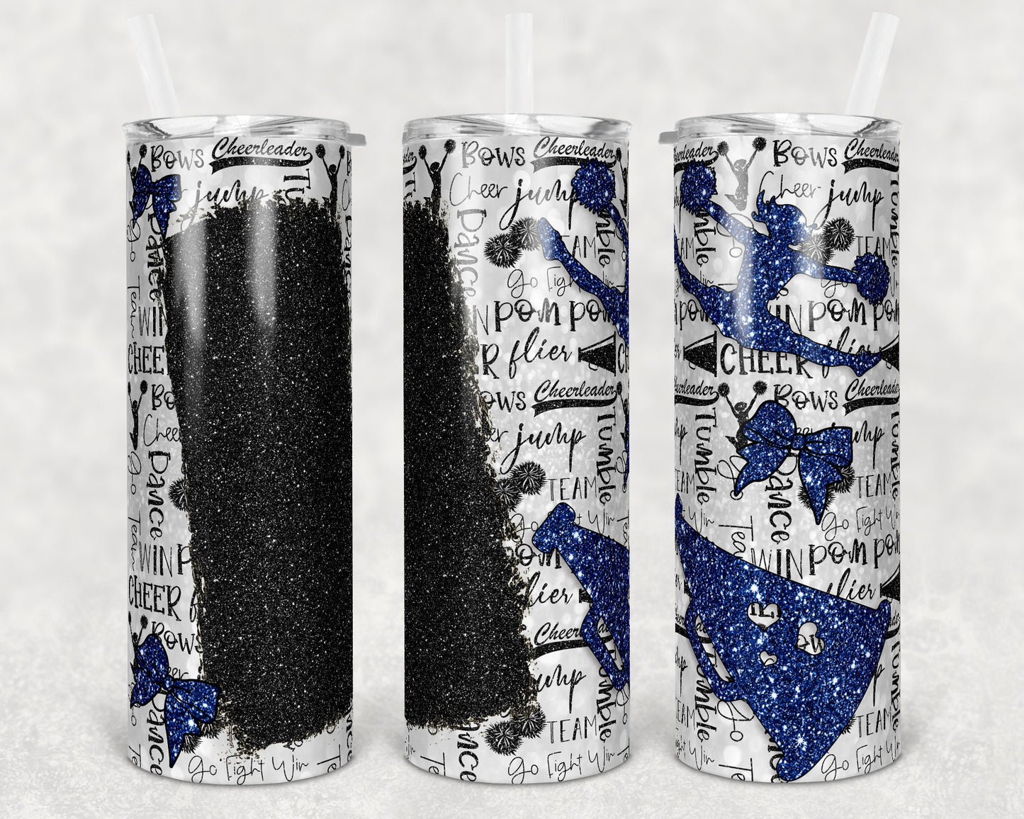 20 oz Skinny Tumbler Cheer Blank for Name Glitter Navy Black Sublimation Design