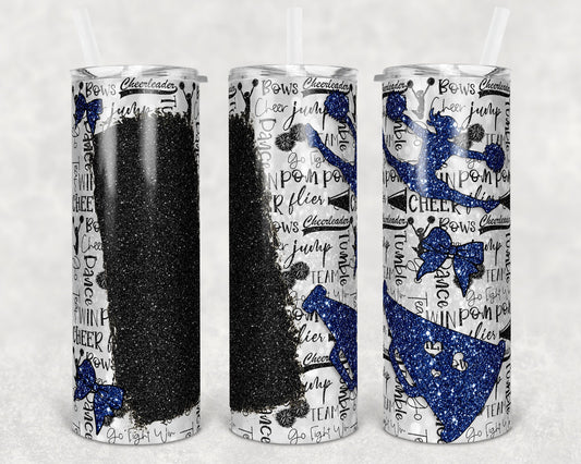 20 oz Skinny Tumbler Cheer Blank for Name Glitter Navy Black Sublimation Design