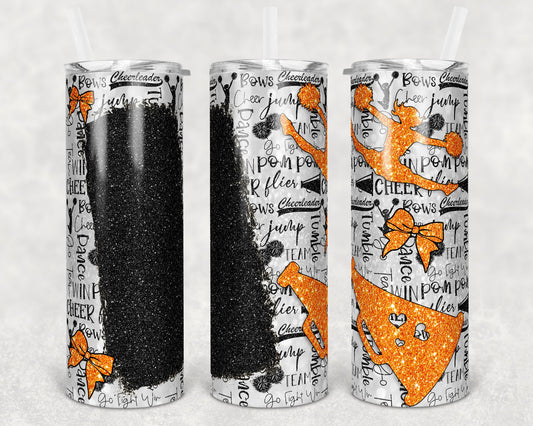 20 oz Skinny Tumbler Cheer Blank for Name Glitter Orange Black Sublimation Design
