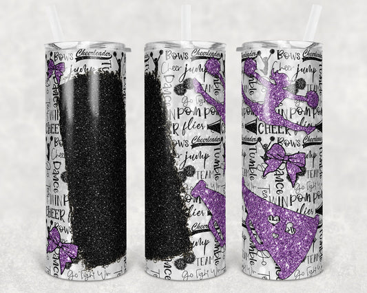 20 oz Skinny Tumbler Cheer Blank for Name Glitter Lavender Purple Black Sublimation Design