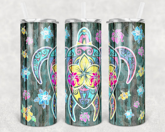 20 oz Skinny Tumbler Sublimation Design Template Hawaiian Turtle and Flowers Faux Wood Tiki Luau