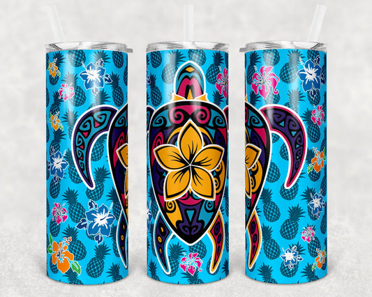 20 oz Skinny Tumbler Sublimation Design Template Hawaiian Turtle and Flowers Bright teal Tiki Luau