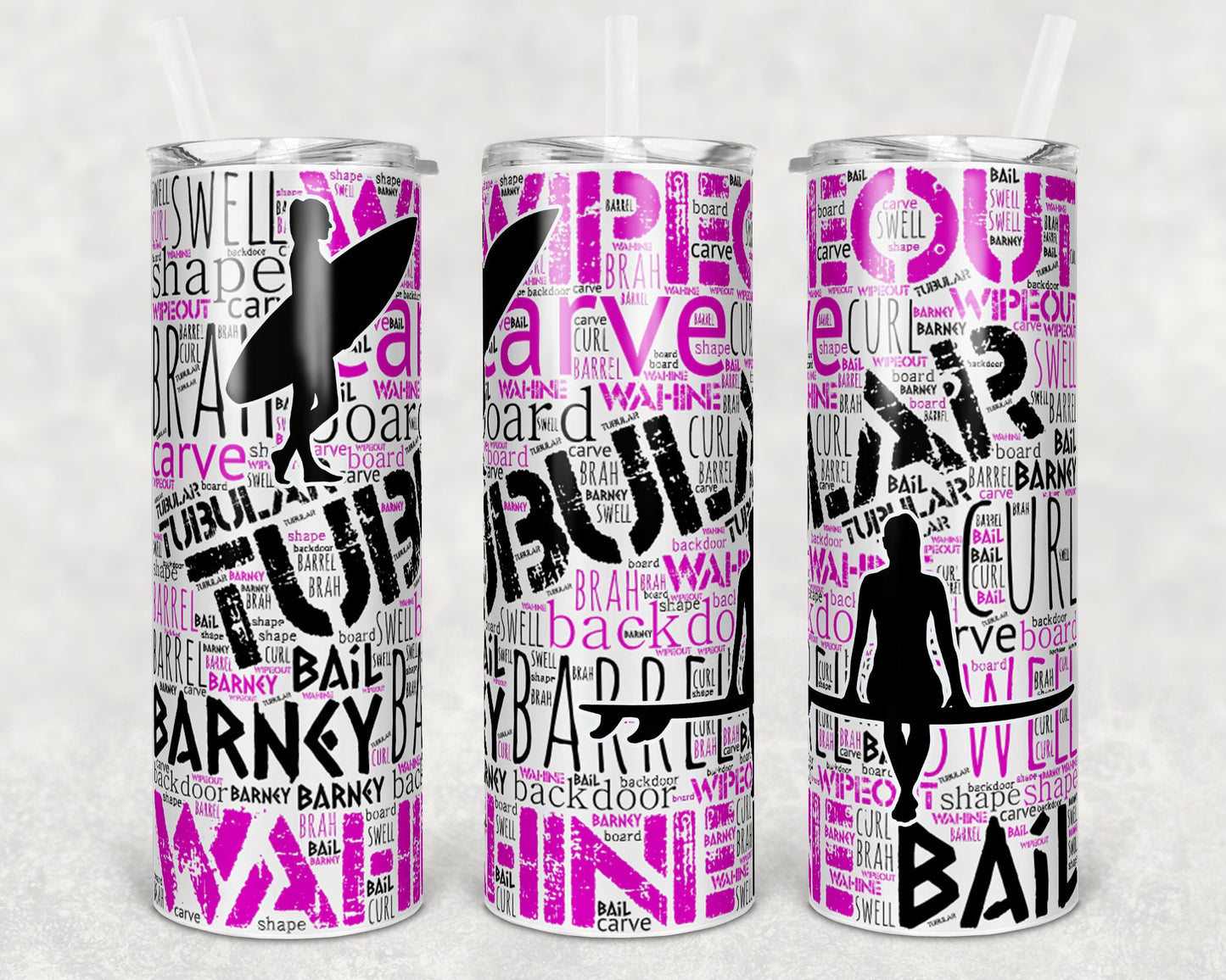 20 oz Skinny Tumbler Ocean Beach Waves Background Surf Board Surfing Female Surfer Word Art Sublimation Design