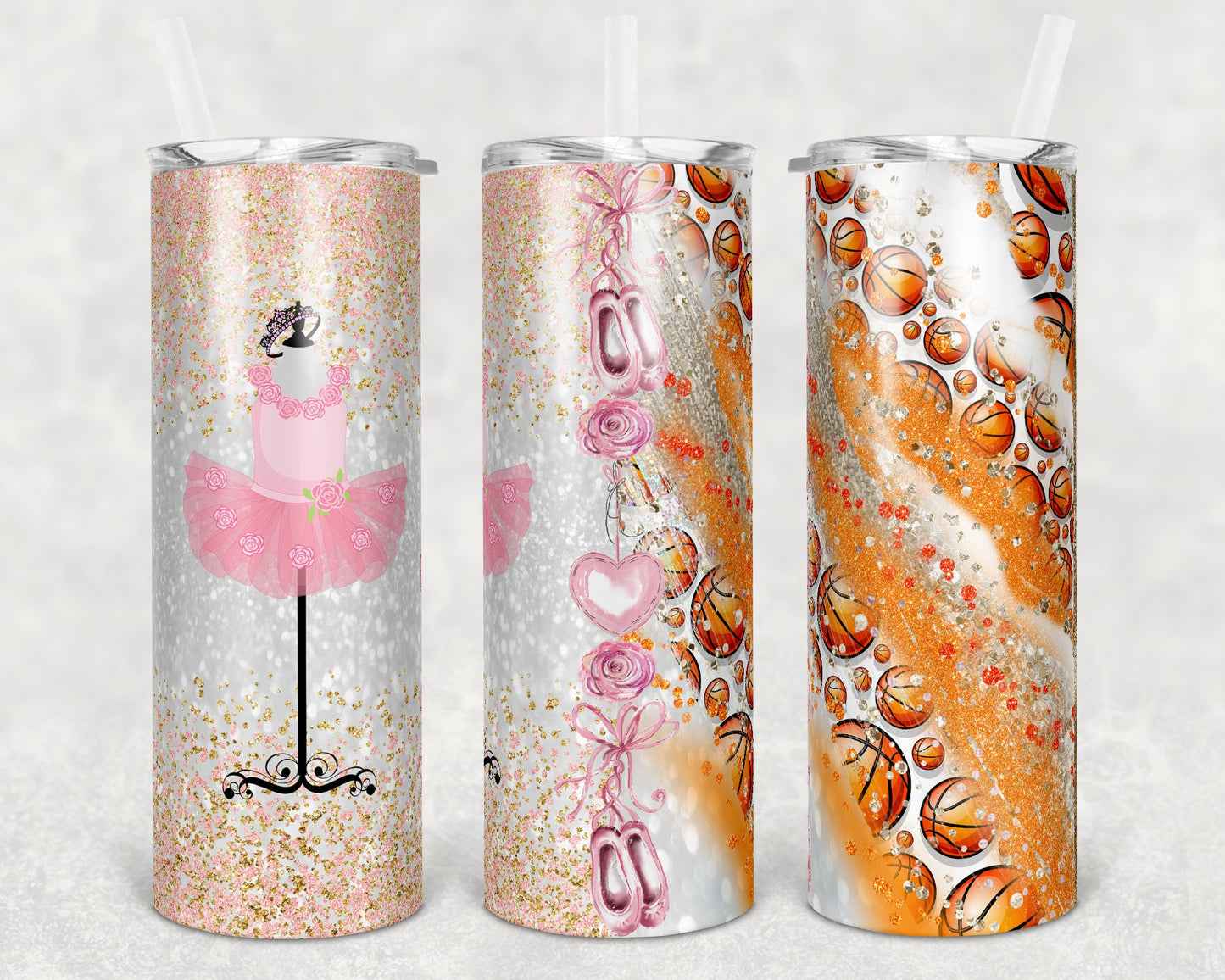 20 oz Skinny Tumbler Pink Gold Glitter Basketball and Ballet Dance Dancing Sublimation Design