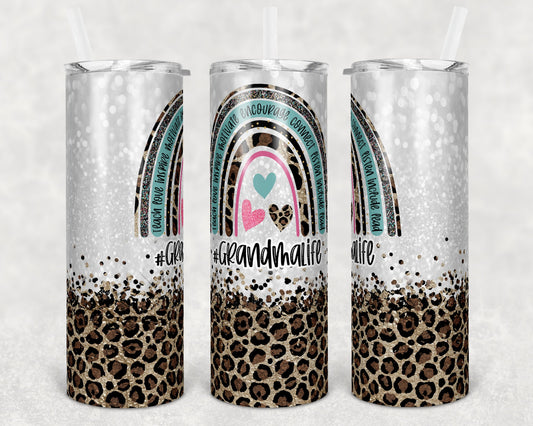 20 oz Skinny Tumbler Rainbow Leopard Glitter heart Grandma and Mom Life Blank Included Sublimation Design