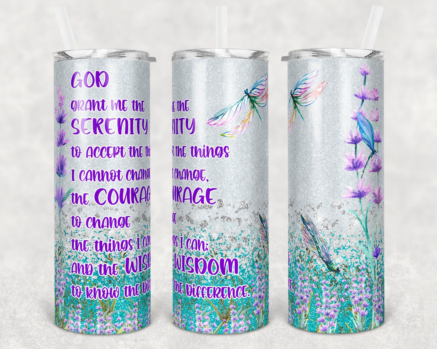 20 oz Skinny Tumbler Glitter Dragonfly Serenity Prayer Faux Glitter Sublimation Design