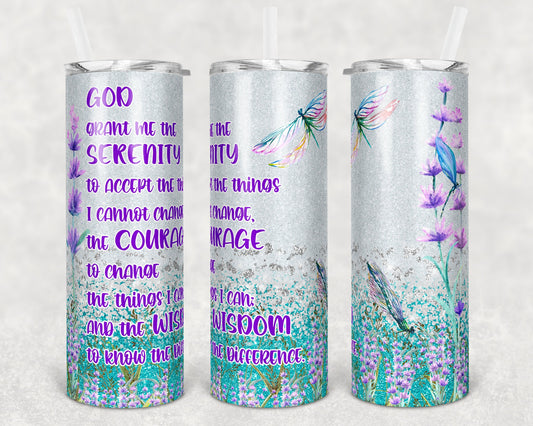 20 oz Skinny Tumbler Glitter Dragonfly Serenity Prayer Faux Glitter Sublimation Design